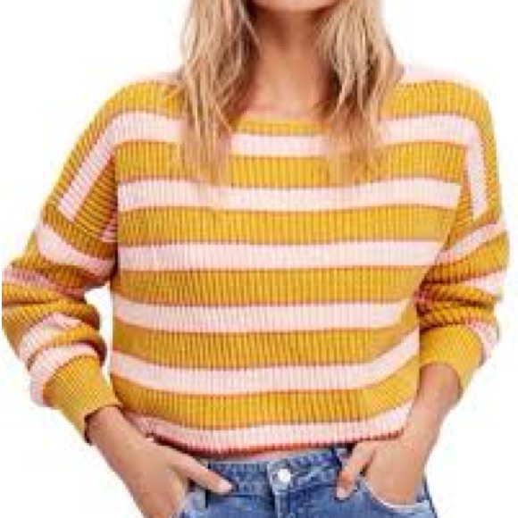 Free People Just My Stripe Yellow and Pink Sweater, Size XS - Picture 2 of 10